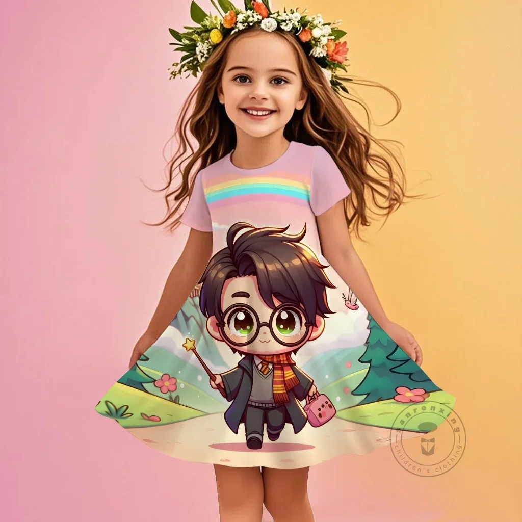 

Popular Harry Potter Anime Kawaii Girls Dress 3D Printed Short Sleeve Summer Casual Fitted Magic Dress For Children 3-14 Years