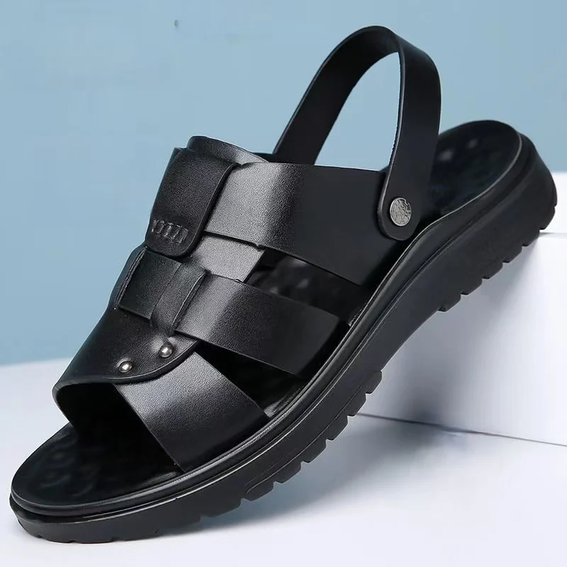 

Man's Summer New Leather Big Size Casual Sport Sandals Soft sole Non Slip Open Toe Dual Purpose Outdoor Beach Sandals Slippers
