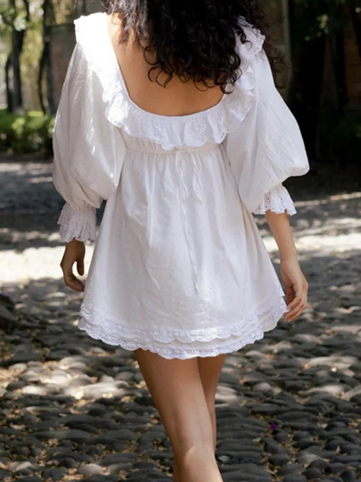 2022 Retro Hollow Out Embroidery Ruffles Square Collar Mini Dress