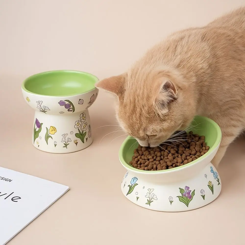 

Practical Green Rabbit Ceramic Cat Bowl Non-Slip Flower Pattern High Foot Drinking Bowl Diagonal Water Bowl For Cat Dog