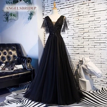 

ANGELSBRIDEP Black Prom Dresses Vestidos de festaA Line Backless Applique Beading Floor-length Tull Party Gala Evening Gowns NEW