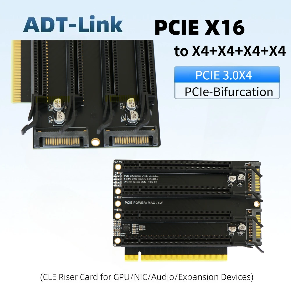 PCIe-Bifurcation x16 to x4x4x4x4 Expansion Card PCI-Express 3.0 x16 1 to 4 Way Gen3 Adapter Card SATA Power Port PCIE Split Card