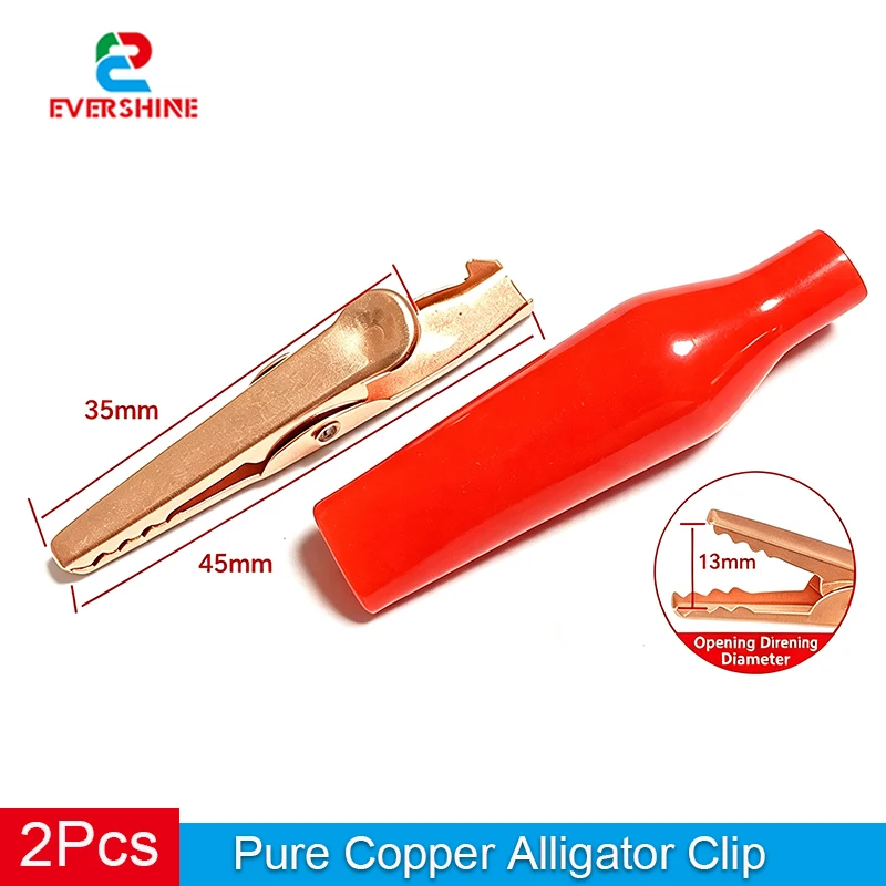 2Pcs Large Pure Copper Alligator Clips Red PVC Insulated Crocodile Test Clamp 45mm 13mm Opening Solder Crimp Type DIY Circuit