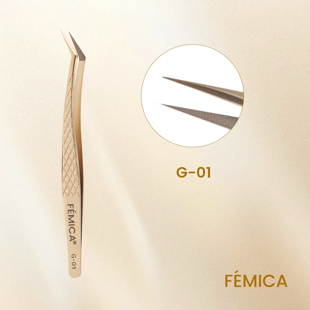Femica Anti-slip Stainless Steel Eyelash Tweezers Precision Eyebrow Grooming Tool Fiber Tip for Volume Isolation Lash Extension