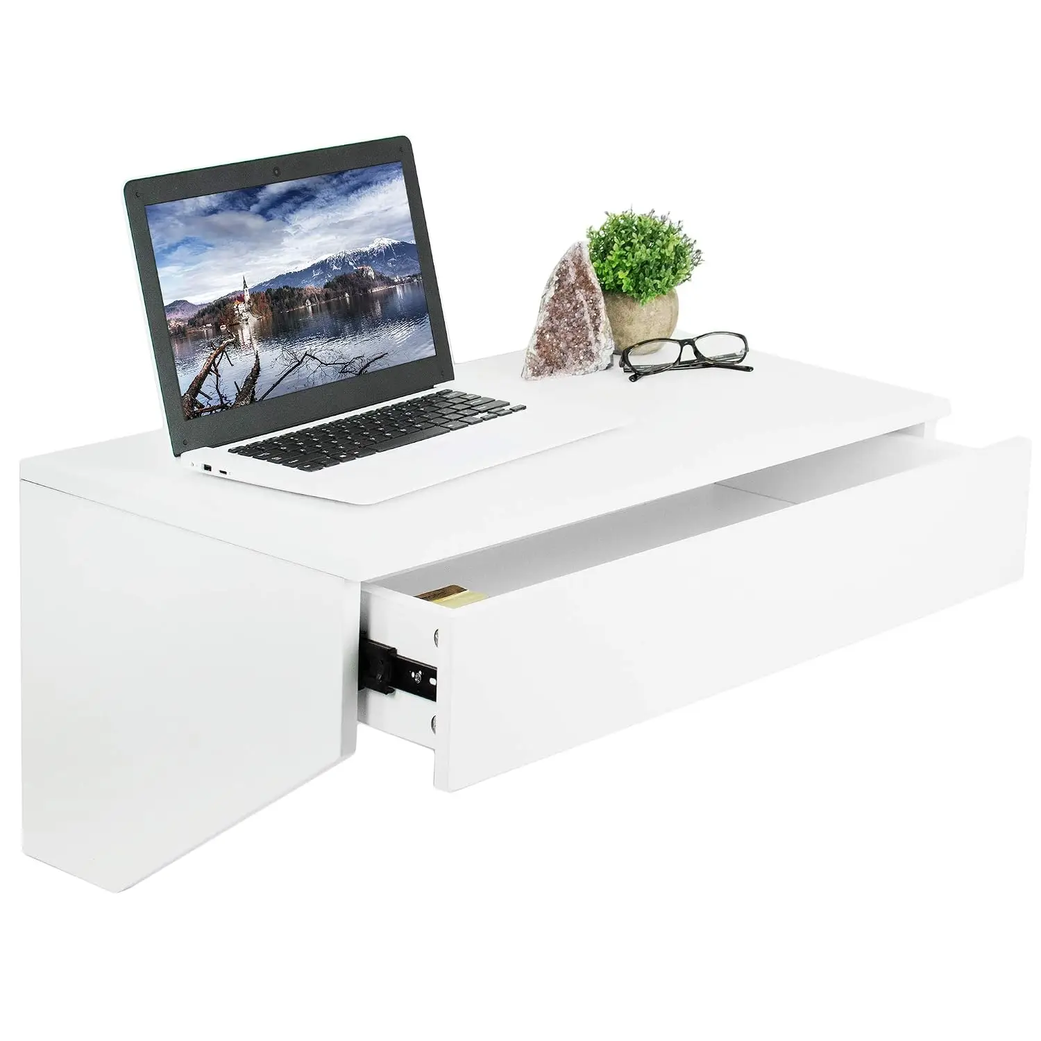 White Wall Mounted Desk with 28 inch Surface & Pull Out Drawer, Floating Organizer with Under Storage Workstation, Customized