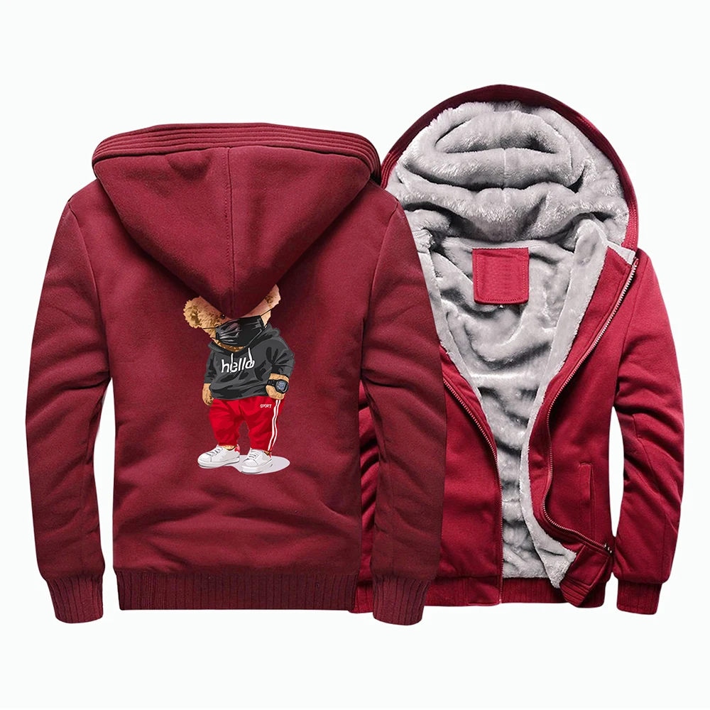 

Fashion Cartoons Bear Design Mens Raglan Thick Sweatshirt Men Zip Jacket Winter Hoody Fleece Warm Casual Streetwear