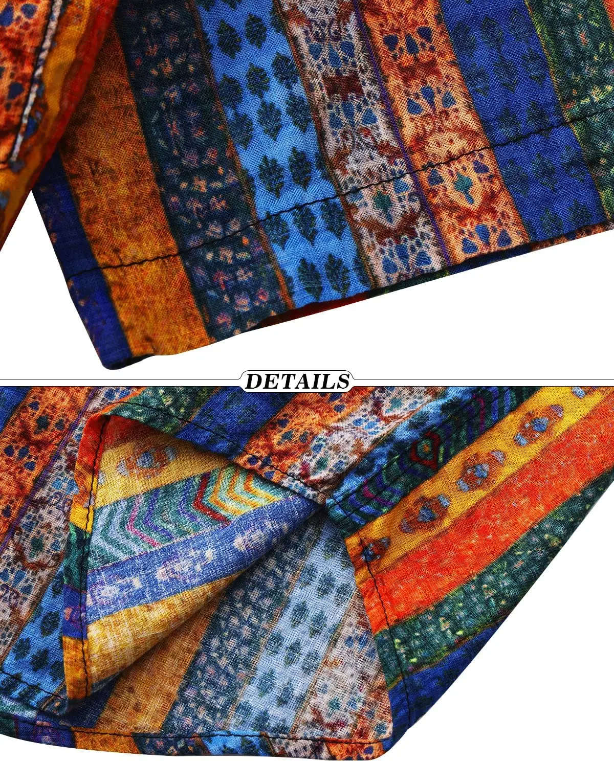 2026Summer Men's Linen Short Sleeve Pocket Shirt Colorful Ethnic Style Natural Printed Shirt Outdoor Vacation Hiking Fishing top