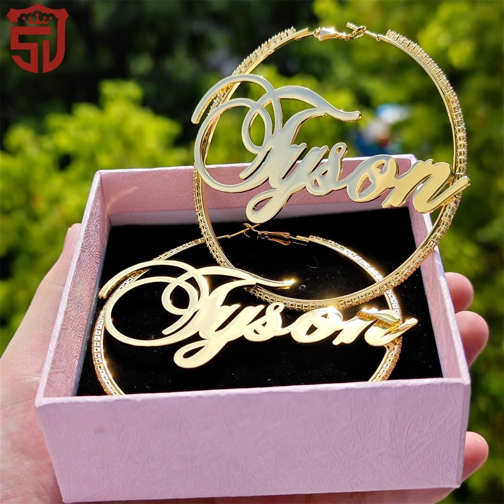 

2023 Custom 30-90mm Name Earring Personalized Paved AAA Zircon Hoop Earring For Women Anniversary Birthday Jewelry Gifts