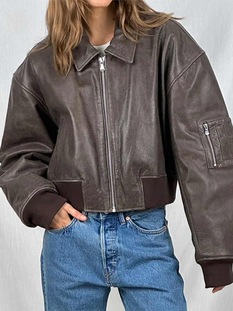 Women Zipper Leather Bomber Jackets Loose Turn-down Collar Vintage Pocket Short Outwear Long Sleeve Street Motorcycle Loose Tops