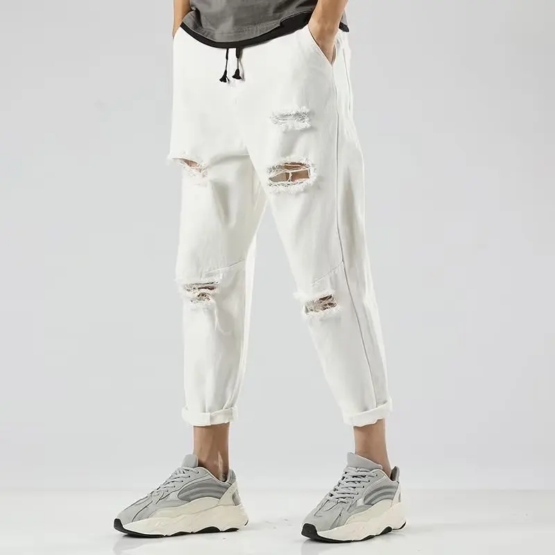 Plones vaqueros ajustados rasgados de moda para hombre, estilo fino de verano, informs, sueltos, de pierna recta, ne...