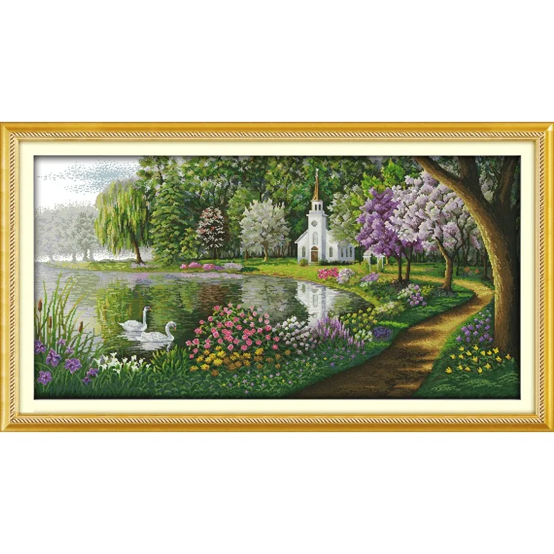 

Joy Sunday New Stamped Cross Stitch Ki,11CT/14CT/16CTDIY Easy Pattern Aida Fabric Embroidery Set-Green Lake Reflected Color