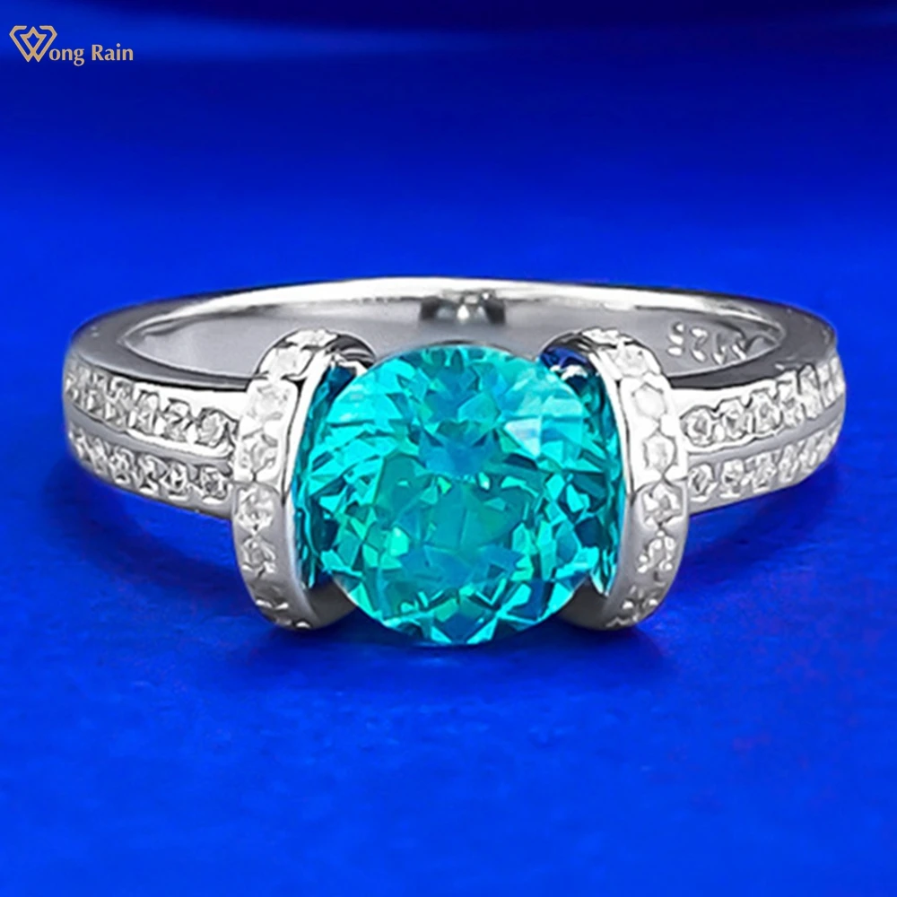 

Wong Rain стерлингового серебра 925 пробы круглое 7 мм Параиба турмалин высокоуглеродистый бриллиант свадебное обручальное кольцо для женщин ювелирные изделия