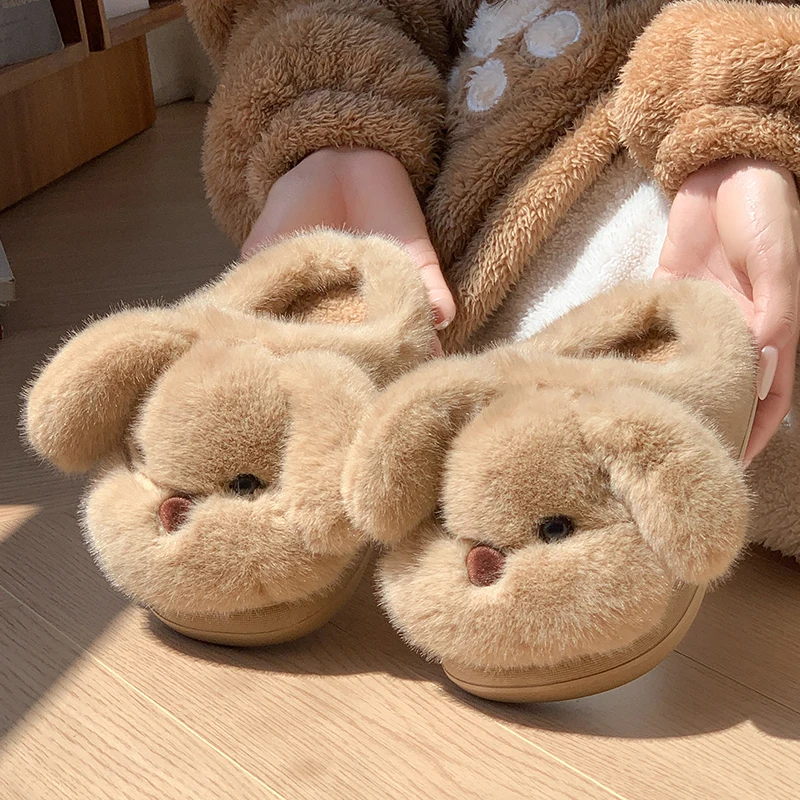 Cartoon Puppy Furry Cute Indoor Slippers Women 2025 Winter Fluffy Fur Non Slip Children's Home Slippers Warm Plush Slides Unisex
