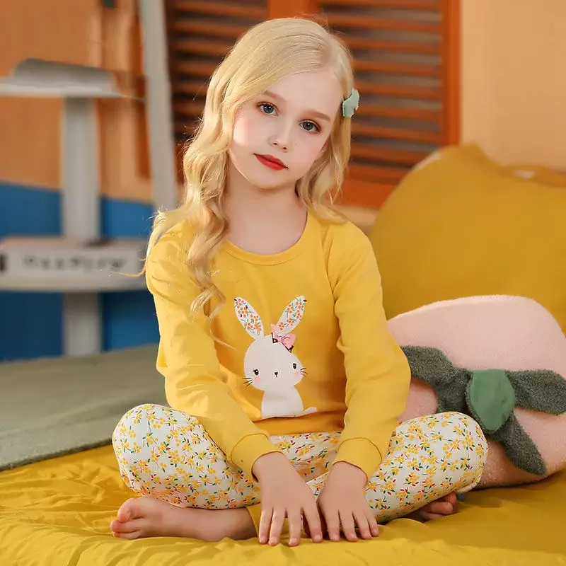Children's Kids Pure Cotton Long Johns Girls' Suit Thermal Underwear Older Children's Spring and Autumn Cotton Pajamas Homewear