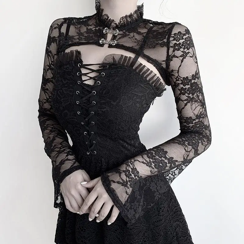Gothic Punk Lace Crop Tops Sexy Streetwear Harajulu Short T-shirt Woman Summer Fshion Tees Tshirt Vintage Clothes Women