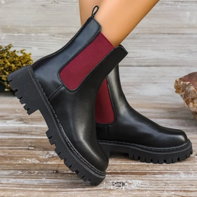 2024 New Fashion Versatile Color Matching Women's Nude Boots Round Toe Thick Sole Non-lace Cuff Spring and Autumn Women's Boots