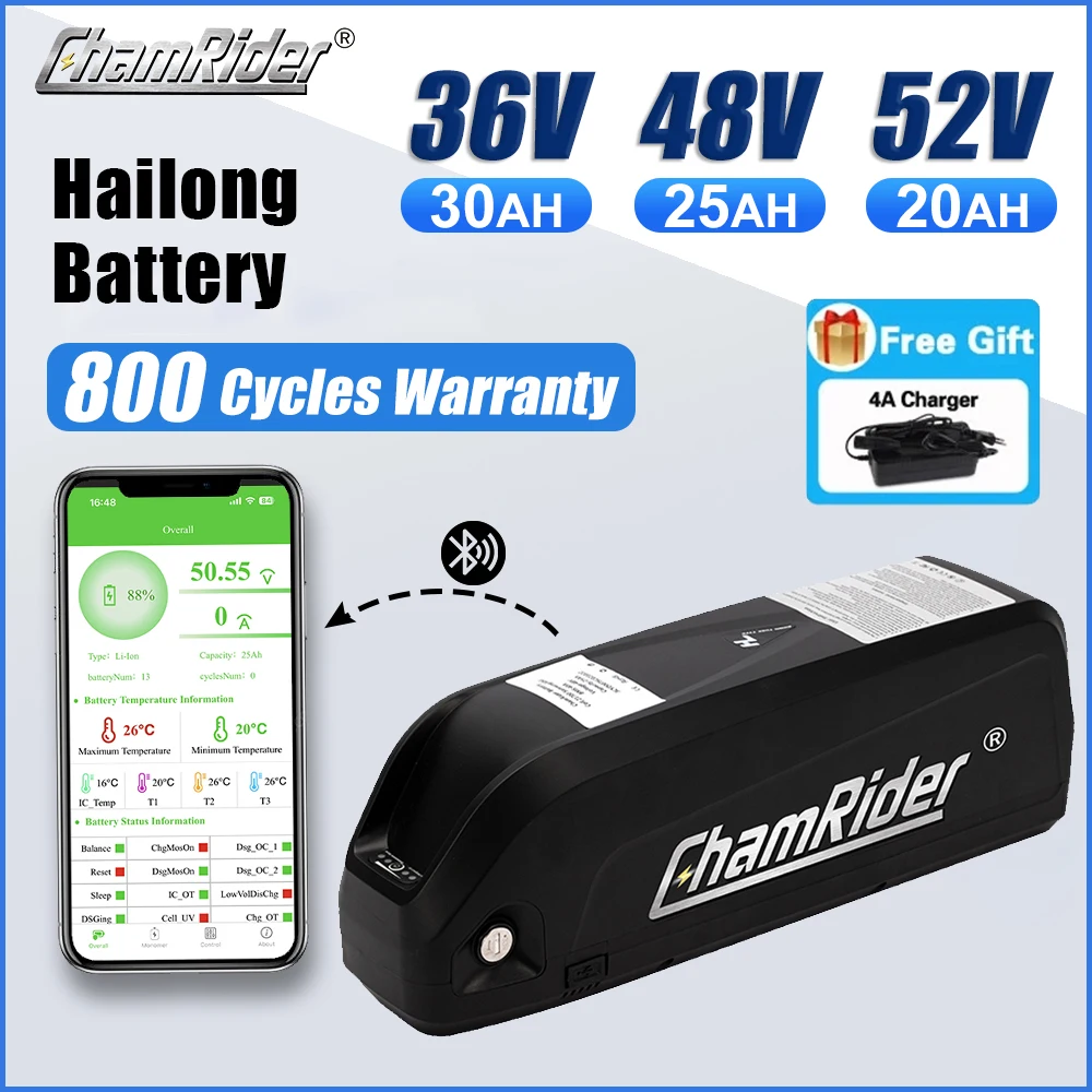 ChamRider 48V 36V 52V Ebike Battery 48V 20ah Hailong Max 21700 Cells 40A BMS 500W 750W 1000W 1500W Electric Bicycle Pack Lithium