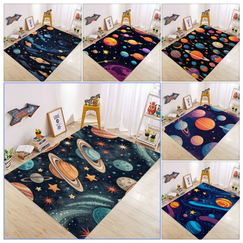 Cartoon Space Galaxy Carpet Mat Rug Colorful Planets Stars Pattern Non-Slip Floor Mat for Room Living Room Home Decoration