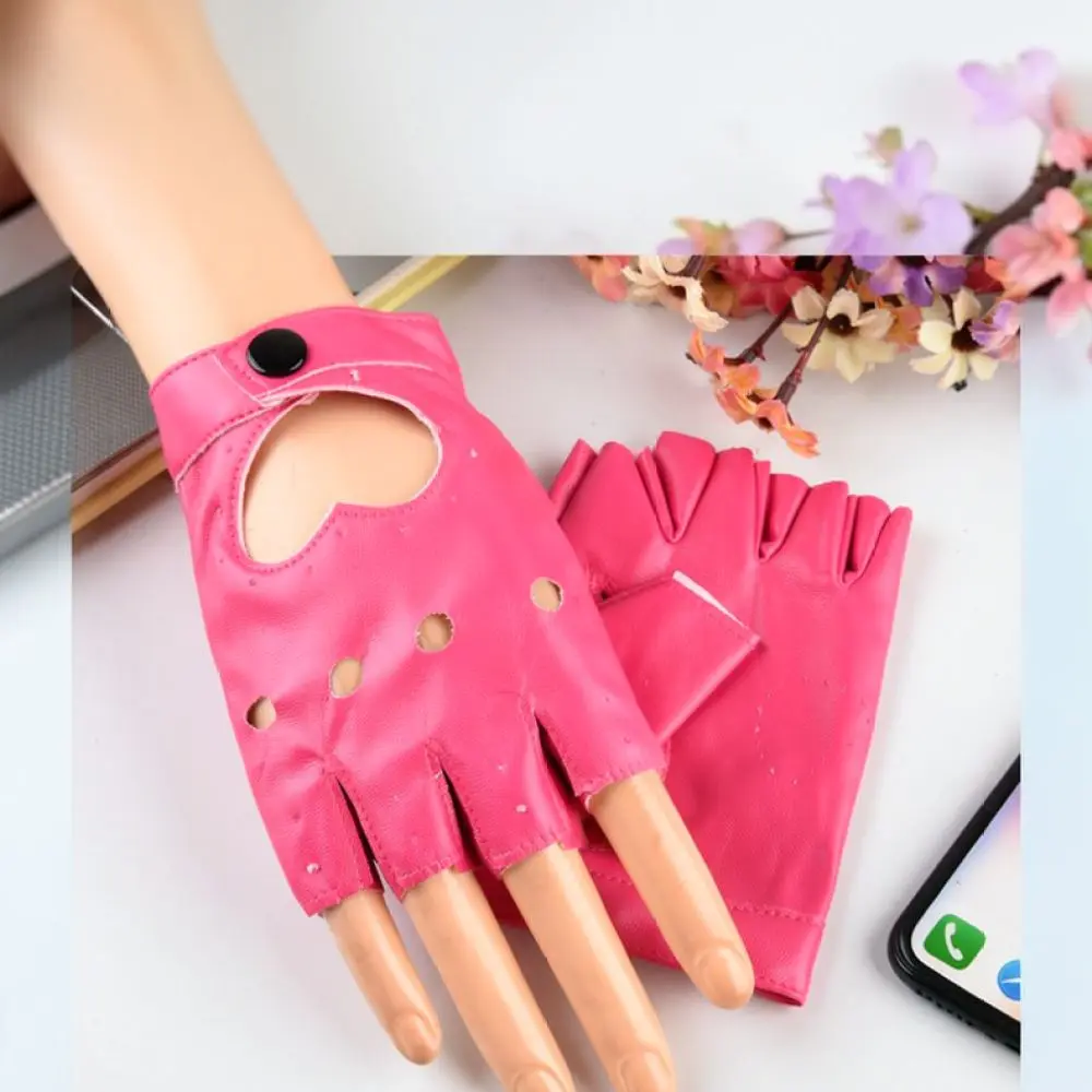 Women Half Finger Gloves Punk Style Heart Rivet PU Leather Mittens Street Dance Stage Show Fashion Motorcycle Hand Accessory