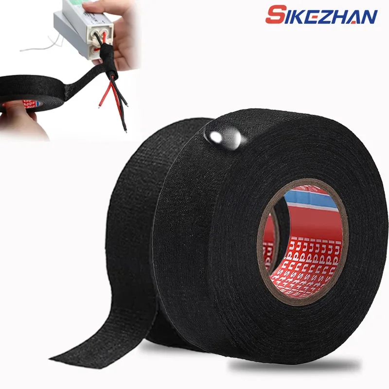 Black Electrical Fabric Tape Heat Resistant Wire Harness Bundle Insulation Auto Wiring Cloth Wrap Waterproof Cable Adhesive Tape