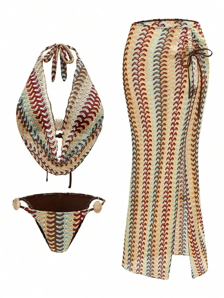 Swim Oasis Summer Beach Vacation Women Halter Neck Special Fabric Top With Side Tie Pants, Side Tie Swimwear And Skirt