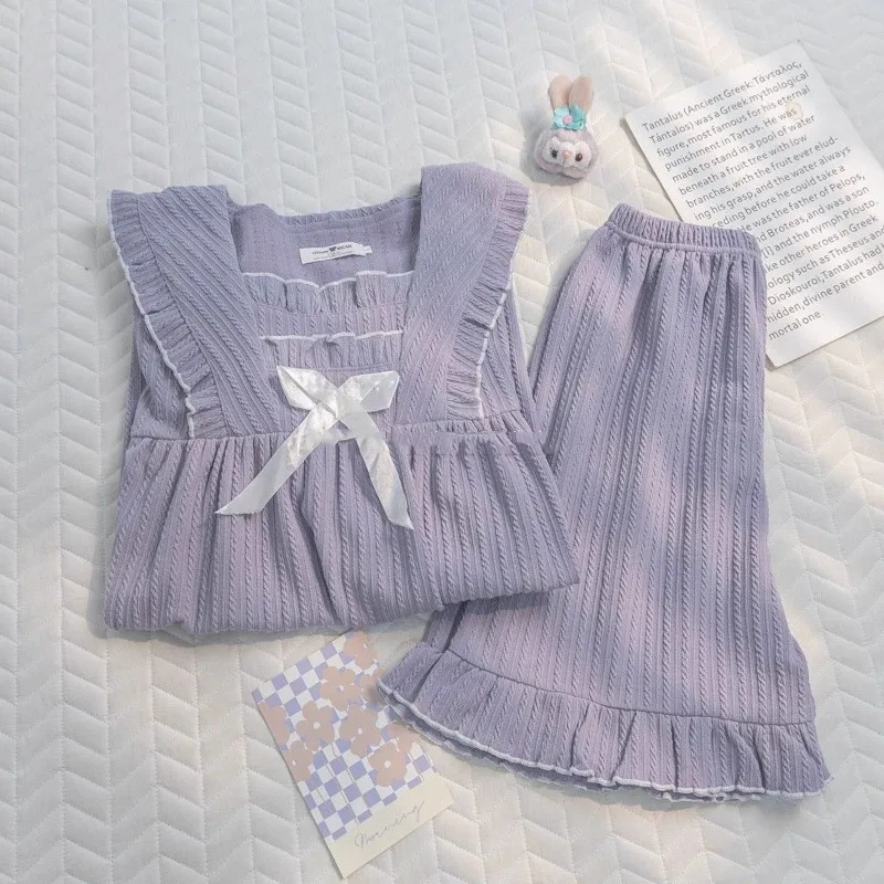 Bow Sleepwear Women Korean Reviews Many Pajama Sets Summer Solid Two-piece Set Japanese Piiama Home Wear Short Sleeve Pyjamas