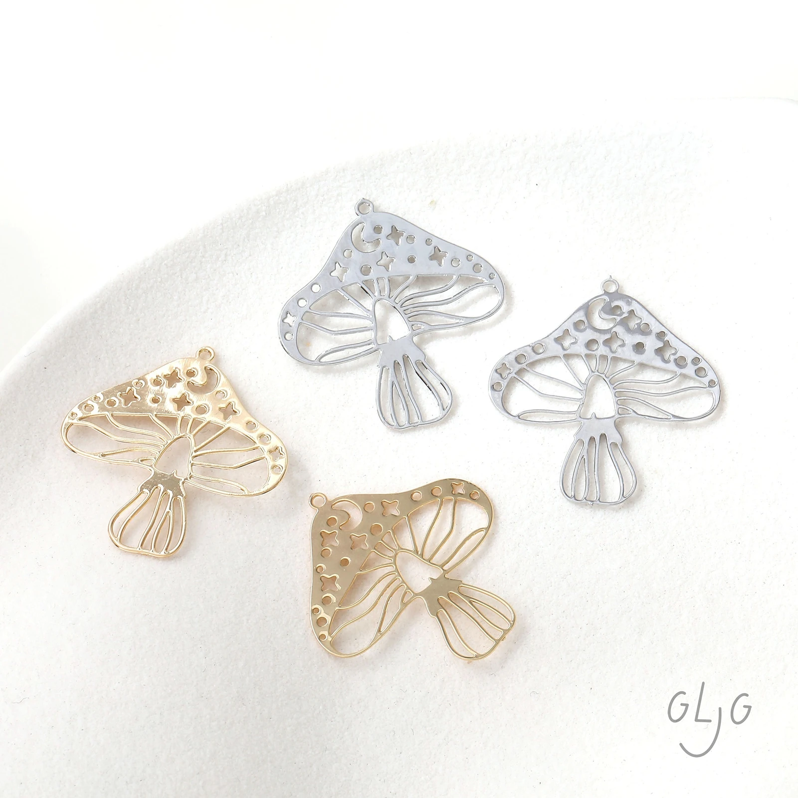 6PCS 14K Gold Plated Brass Sheet Exquisite Hollow Mushroom Pendant Necklace Findings Jewelry DIY Making Supplies Accessories