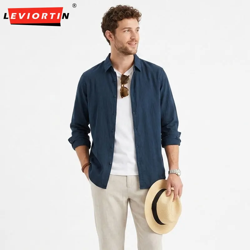 

Men Basic Classic Long Sleeve Linen Cotton Shirts Sold Color Comfortble Casual Button Up Hemp Dress Shirt Man Holiday Beachwear