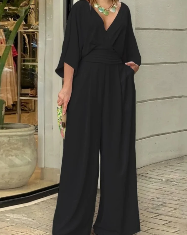 بدلة قفز بخصر على شكل حرف V للنساء لربيع الخريف أنيقة بلون سادة بدلة قفز جديدة فضفاضة غير رسمية للسيدات #3