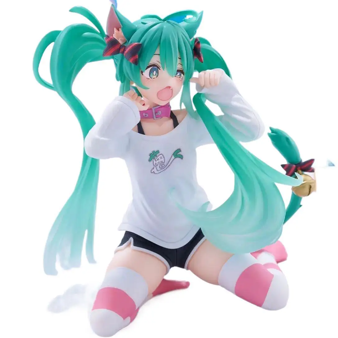 Hatsune Miku Model Anime Girl Figures Cat Ear Sitting Posture Short Sleeved Pajamas Figurines Car Decoration Doll Kids Toys Gift