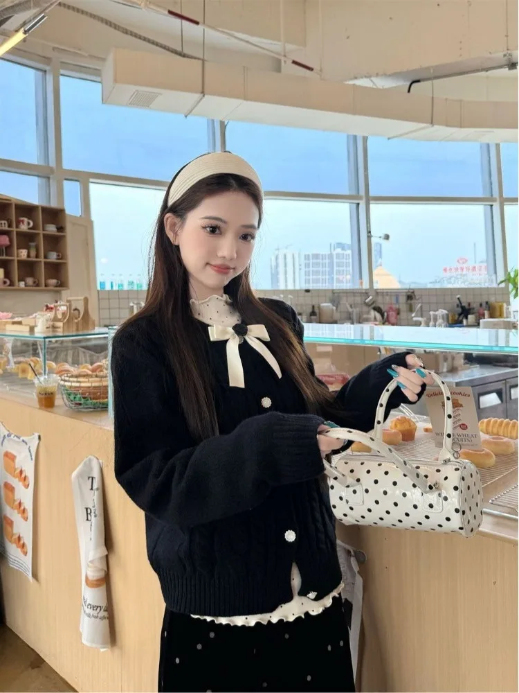 Sweet  Knot Knitted Sweater Coat Women's Autumn Winter Korean Sle Soft Medium Thin Long Sve round Ne Top