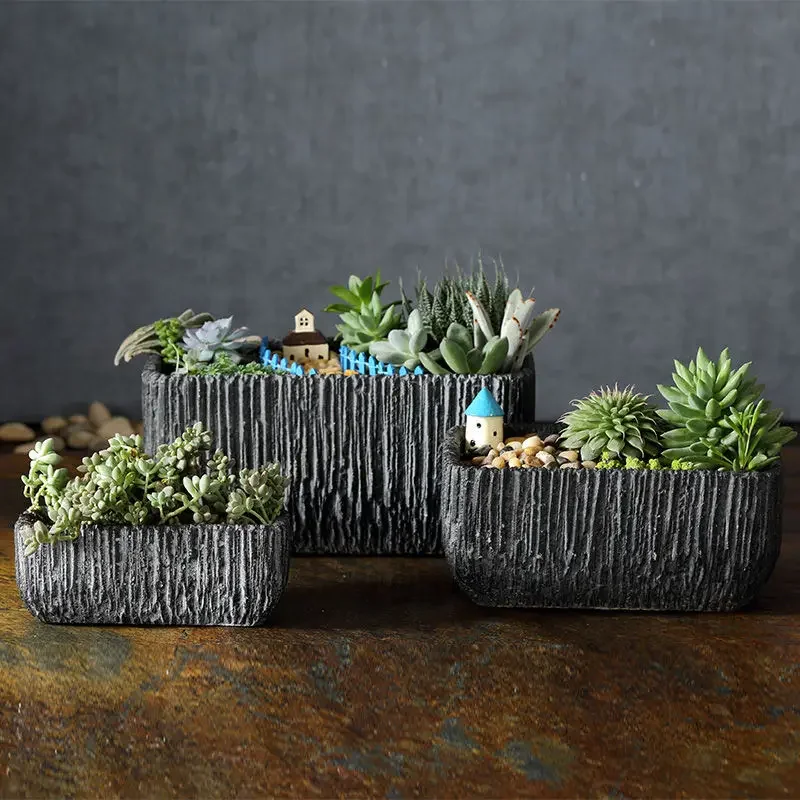 Nordic Style Square Imitation Stone Succulent Plant Flowerpot Potted Landscape Cement Flower Pots Balcony Decor Garden Supplies