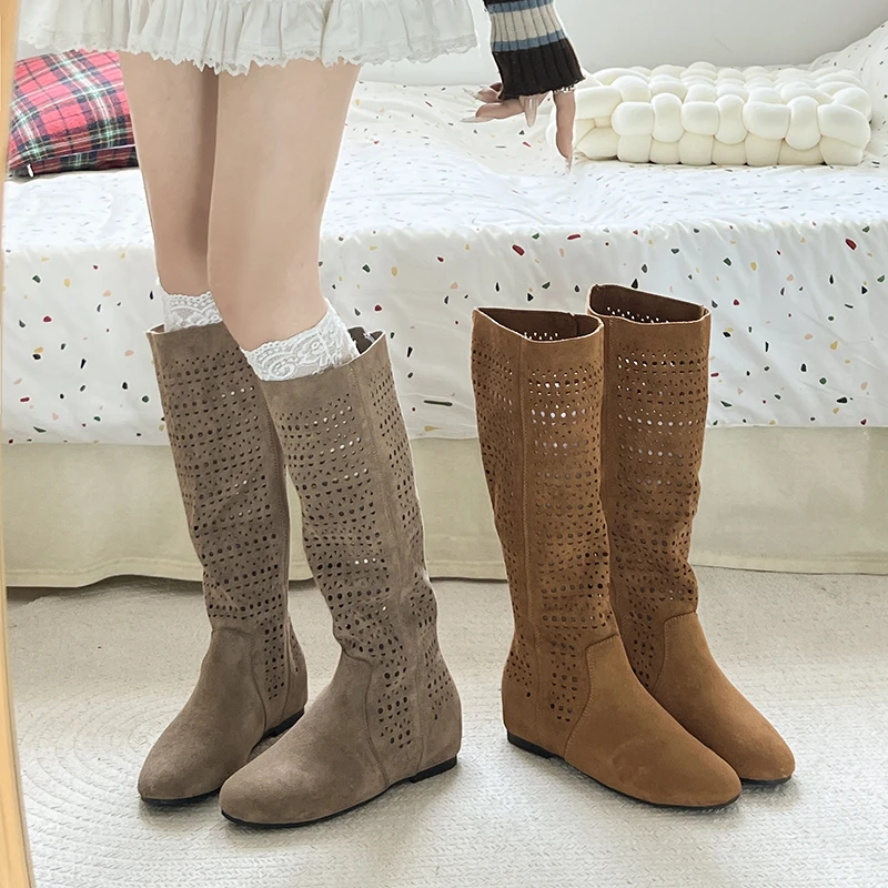 

2025 New High Quality Retro Hollow Breathable High-top Knight Boots Heightened Matte Leather Long Boots Женские Ботинки