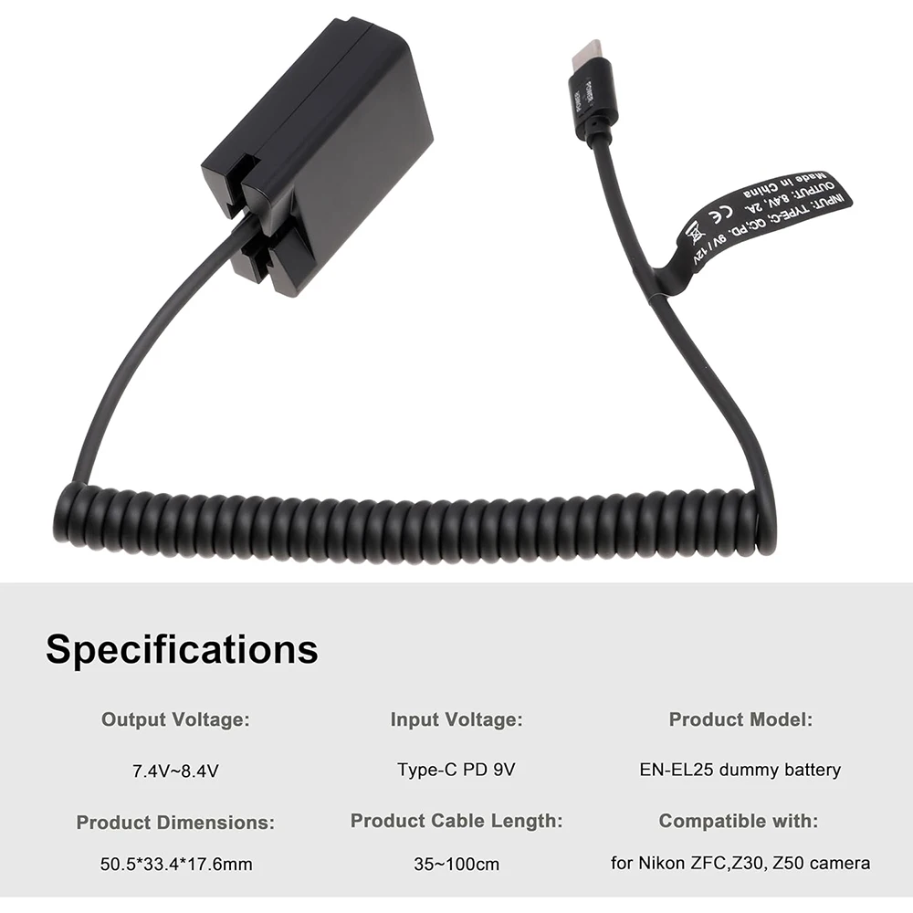 

FOTGA Type-C USB Connector to EN-EL25 Dummy Battery Power Adapter for Nikon ZFC Z30 Z50 For Camera Monitor Wireless Transmitter
