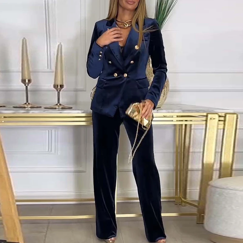 Fashion Lady Long Sleeve Notch Collar Jacket&Trousers Work Outfit Women Double Breasted Velvet Temperament Suit Elegant Slim Set