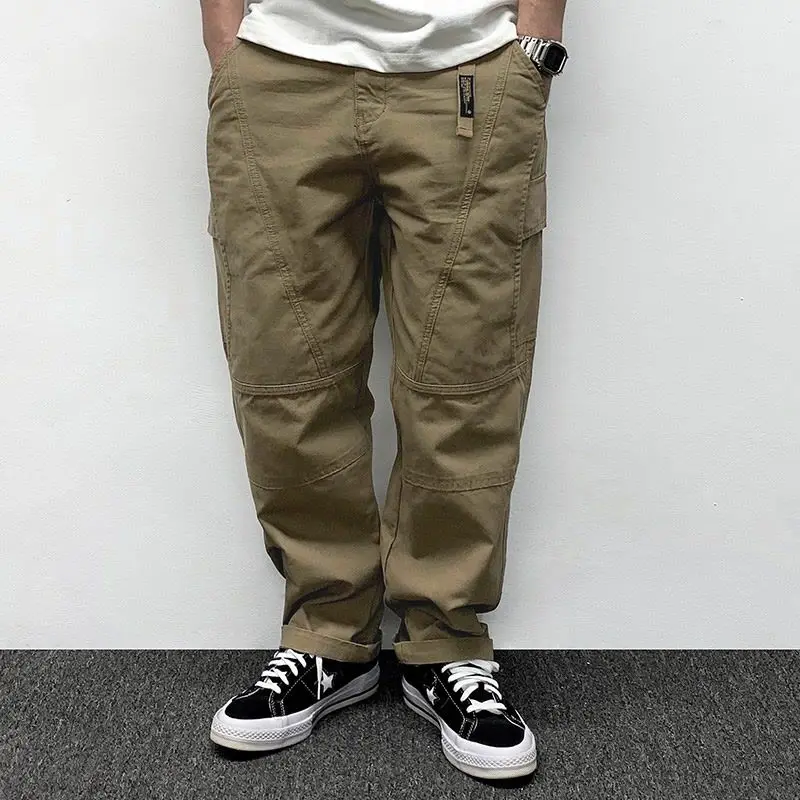 Autumn Men's Pants Multi-Pocket Cargo Pants Retro Solid Color Simple Loose Button Elastic Strap Casual PantsYY56