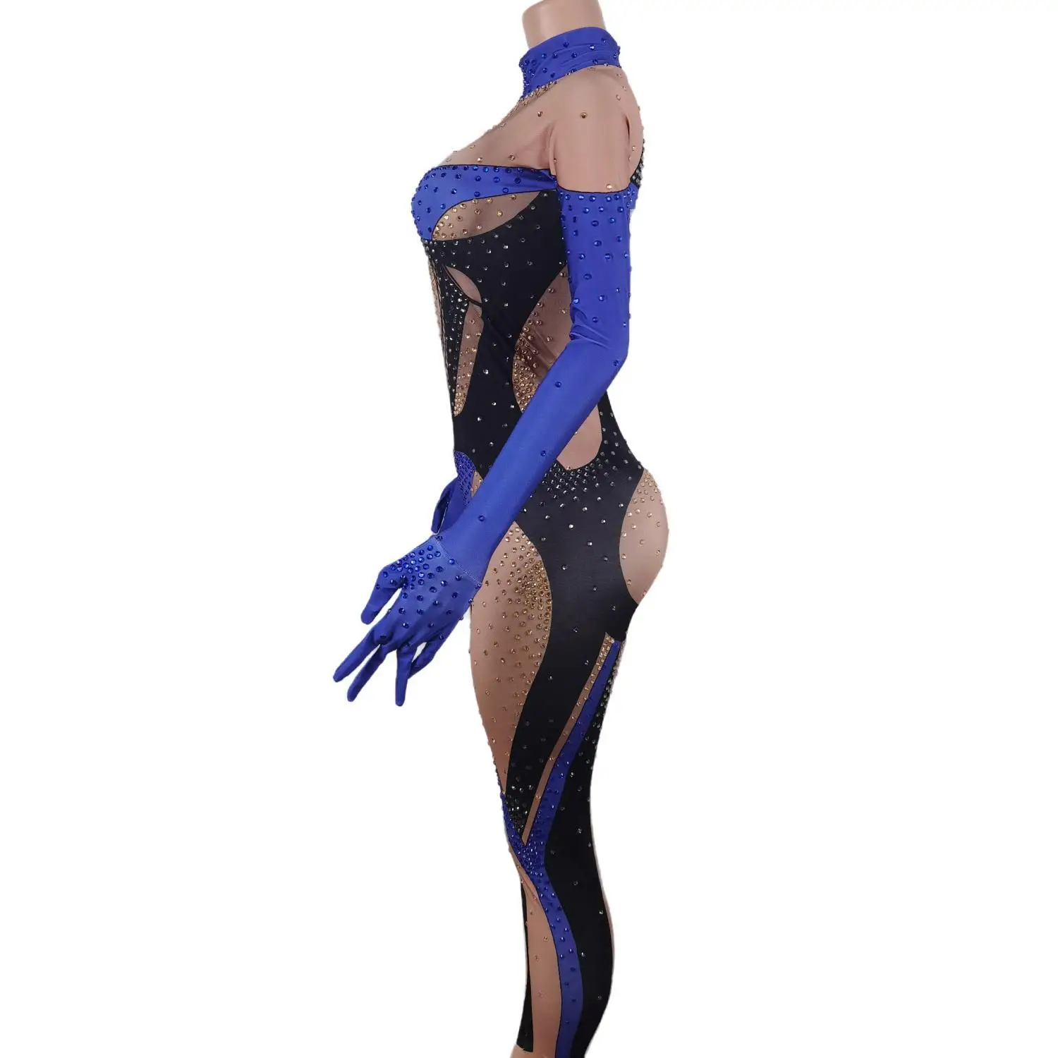 Blue Black Stones Jumpsuit and Gloves Female One-piece Performance Leggings Birthday Cosplay Dance Spandex Outfit Lanmo