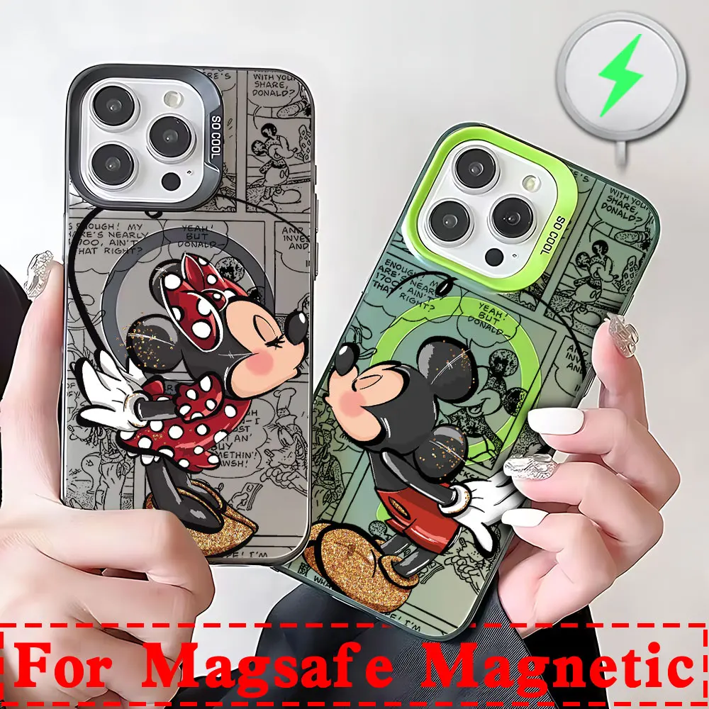 Cartoon Mickey Minnie Couple Magsafe Magnetic Phone Case for IPhone 11 12 13 14 15 16 Pro Max Plus Border Silver Plated Cover