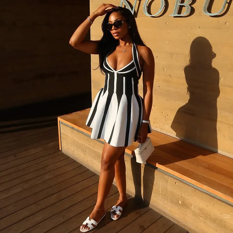 

2025 Summer Striped Patchwork Colorblock Halter Mini Dress Women Drop V Lace Up Bandage Backless Sleeveless Slim Street Dresses
