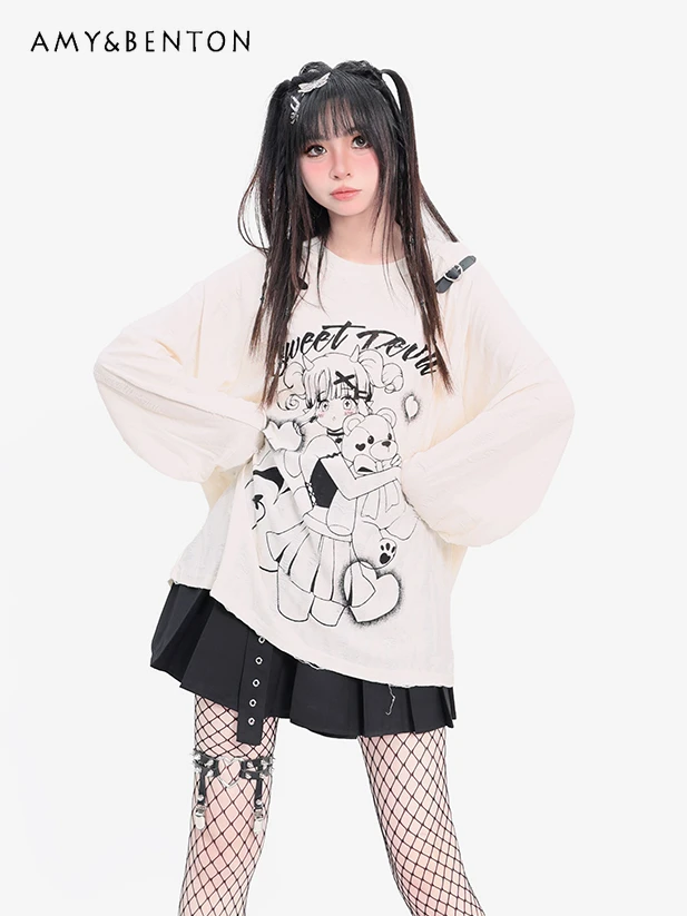 

Subculture Gothic Anime Print Long-Sleeved Cute Tops Spring Summer New Y2K Hot Girl Oversized T Shirt Harajuku Graphic T Shirts