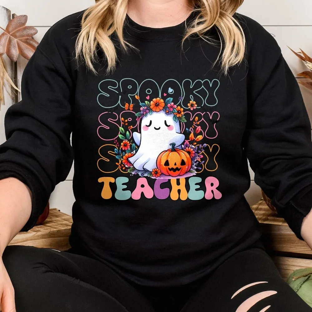 

Halloween Pumpkin Ghost Party Spooky Teacher O-neck Sweatshirt Halloween Teacher Gift Fall Teacher Men Sweater