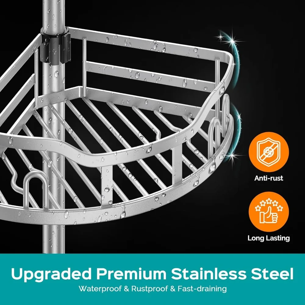 علبة دش زاوية قابلة للتعديل: منظم حمام من 4 طبقات مقاوم للصدأ مع رف صابون، يناسب المساحات مقاس 47-121 بوصة