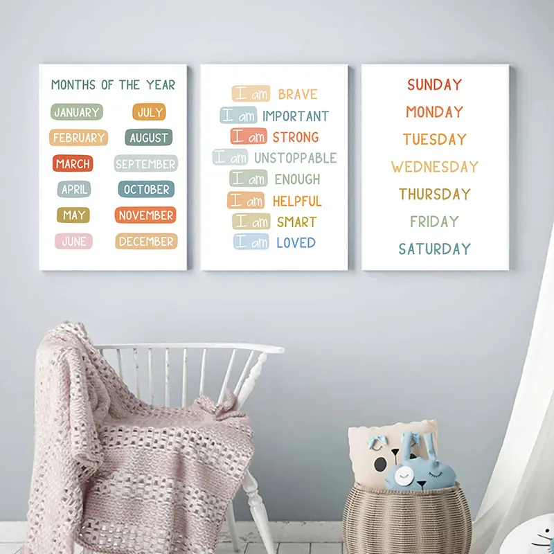 Minimalist Cute Months Days Educational Canvas Poster Prints Modern Nursery Bedroom Wall Decorative Picture Home Art Decor