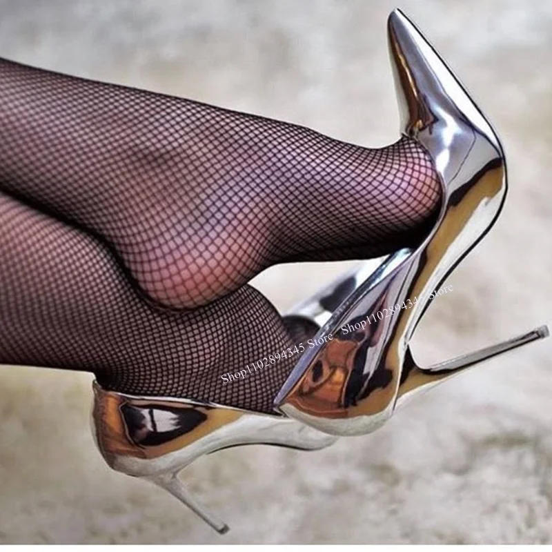 Srebrne wsuwane płytkie czółenka na cienkim wysokim obcasie z noskiem w szpic, modne, seksowne, fajne, letnie buty damskie w dużych rozmiarach na lato 2025, zapatillas mujer.