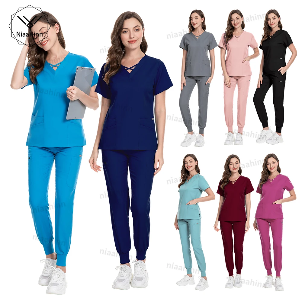 Niaahinn Uniform Hot Sale Nurses Hospital Uniforms Two Piece Spandex Pants Scrubs Suit Nursing Jogger Women Scrubs Uniforms Sets