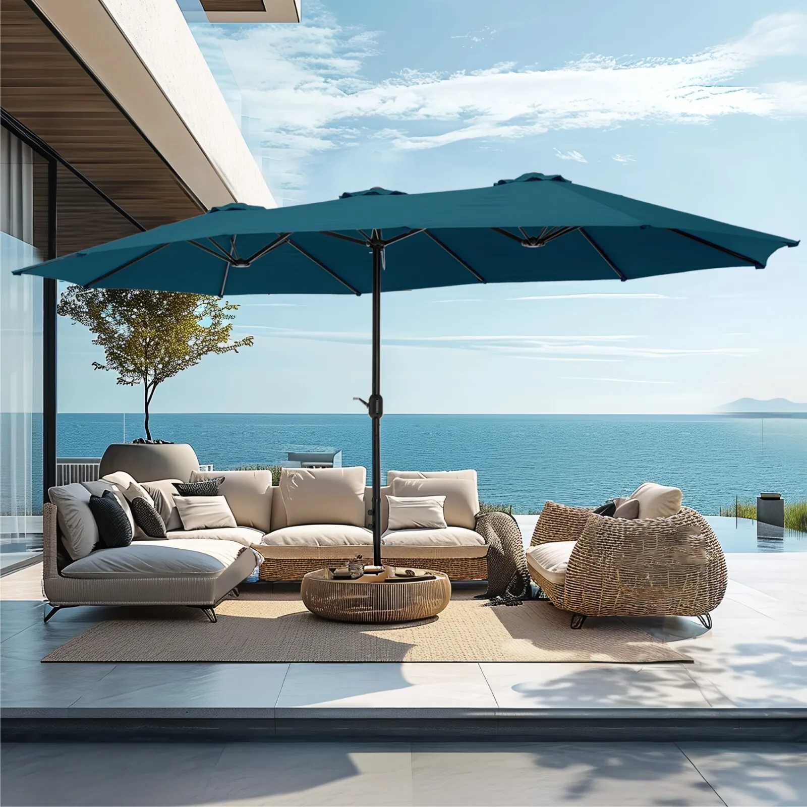 

15ft Outdoor Patio Umbrella Double-Sided Market Shade Umbrella Crank with Base