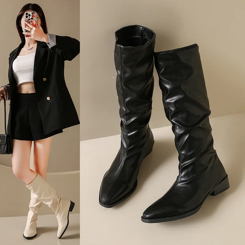 

Women Knee High Boots Autumn Winter Female Shoes Fashion Female Slip-on Folds Low Heel Round Toe Flat Long Boots Botas De Mujer