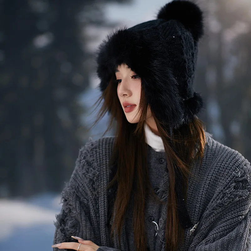 Chapéu de malha grosso de pelúcia feminino, proteção auricular, moda coreana, Versátil, Quente, Inverno, 2023