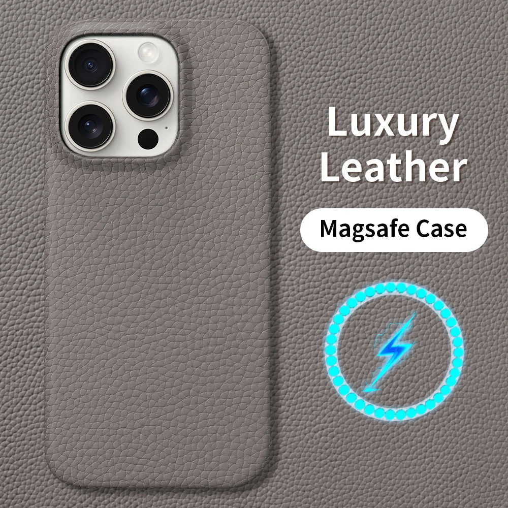 

for Magsafe Case for iPhone 15 16 Pro Max 15Pro 16Pro Natural Cowhide Lychee Leather Magnetic Protector Luxury Phone Back Cover