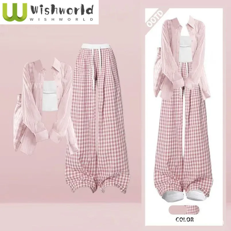 

Spring and Autumn Korean Academy Style Long Sleeve Shirt Coat Tank Top Checkered Wide Leg Pants 3-Piece Set